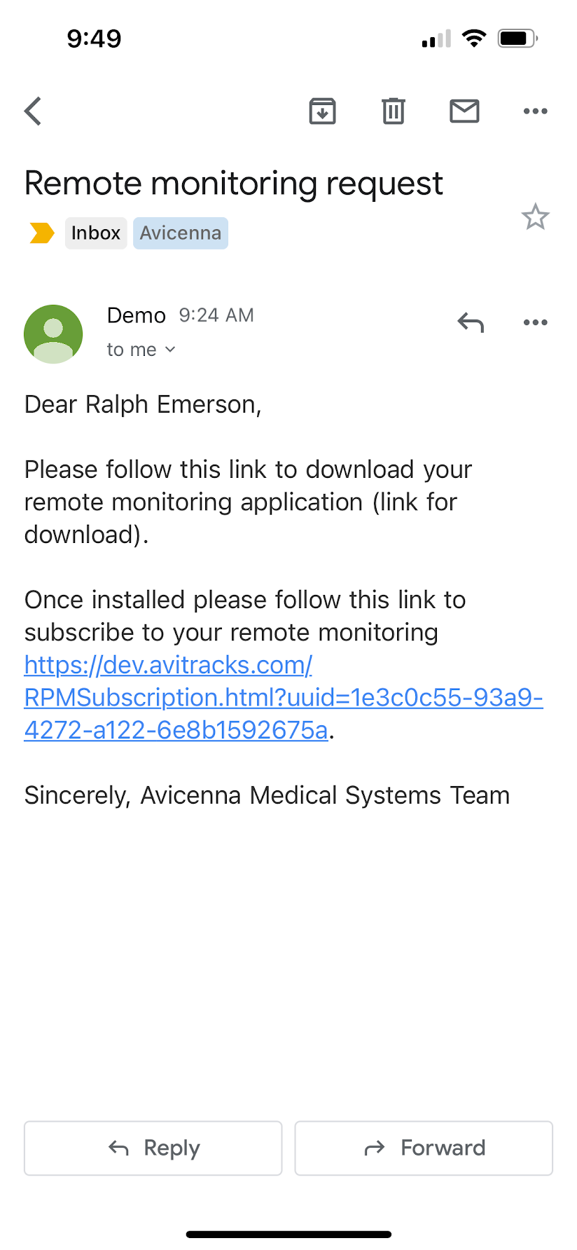 Onboarding email from Avicenna with the app download and subscription links