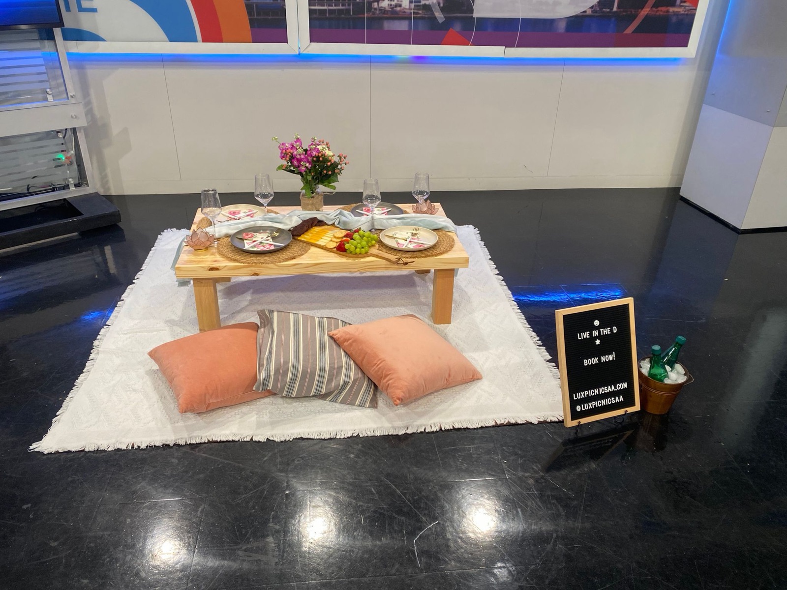 Picnic setup with the new table, staged for the TV segment