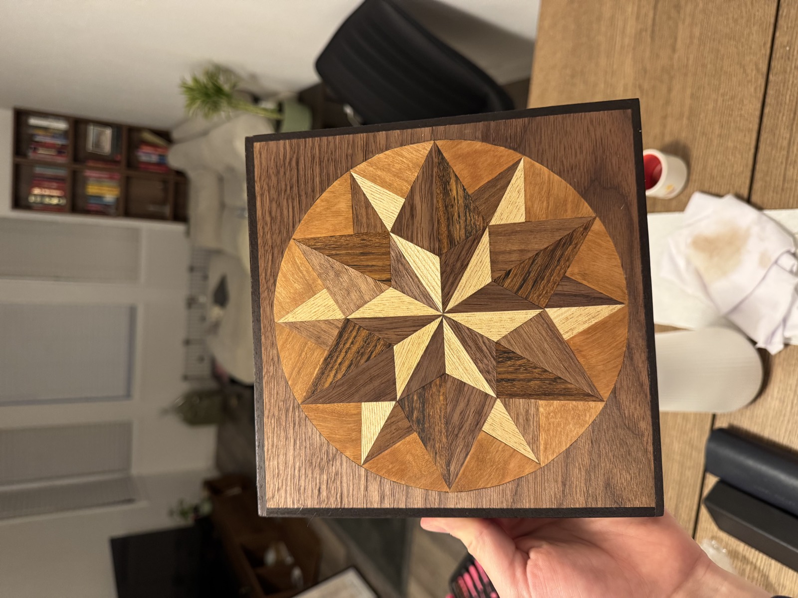 The finished compass rose panel held up, seen straight on