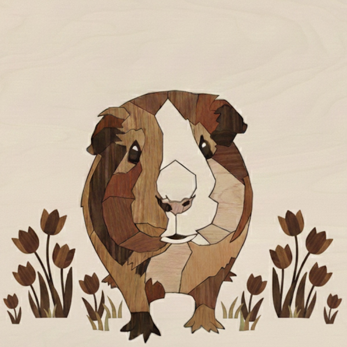 The pattern for the guinea pig piece: a photo reduced to flat regions of solid color, each region a piece of veneer to be cut