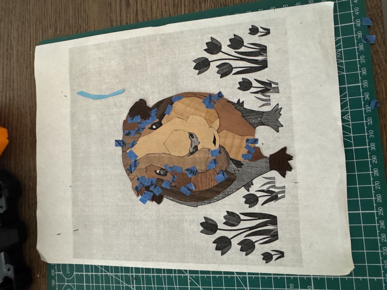 More veneer pieces filled in across the guinea pig, held with blue tape