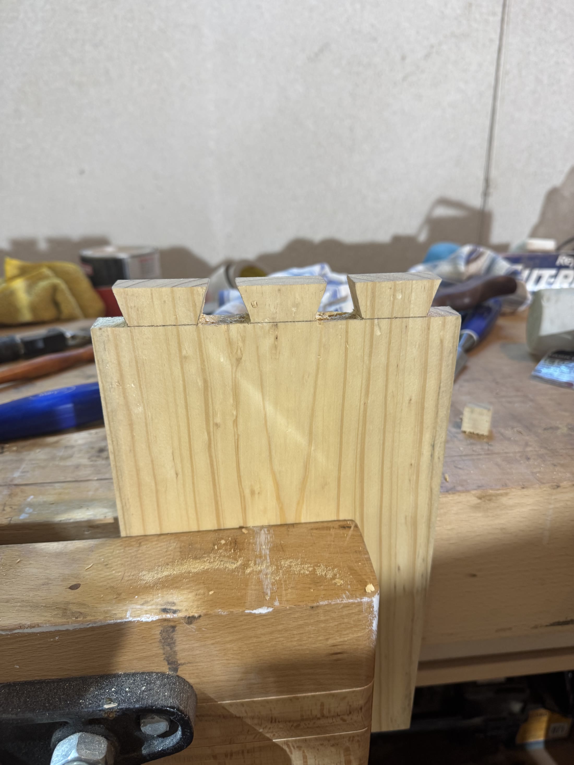 Dovetails sawn and chopped out, before fitting