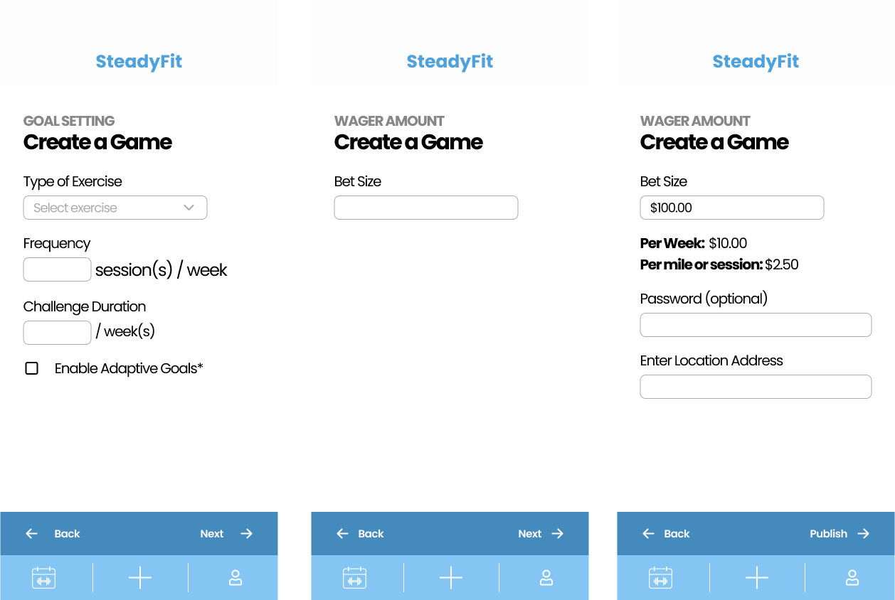 The three-step create-a-game flow: goal setting, wager amount, and the per-week and per-workout breakdown